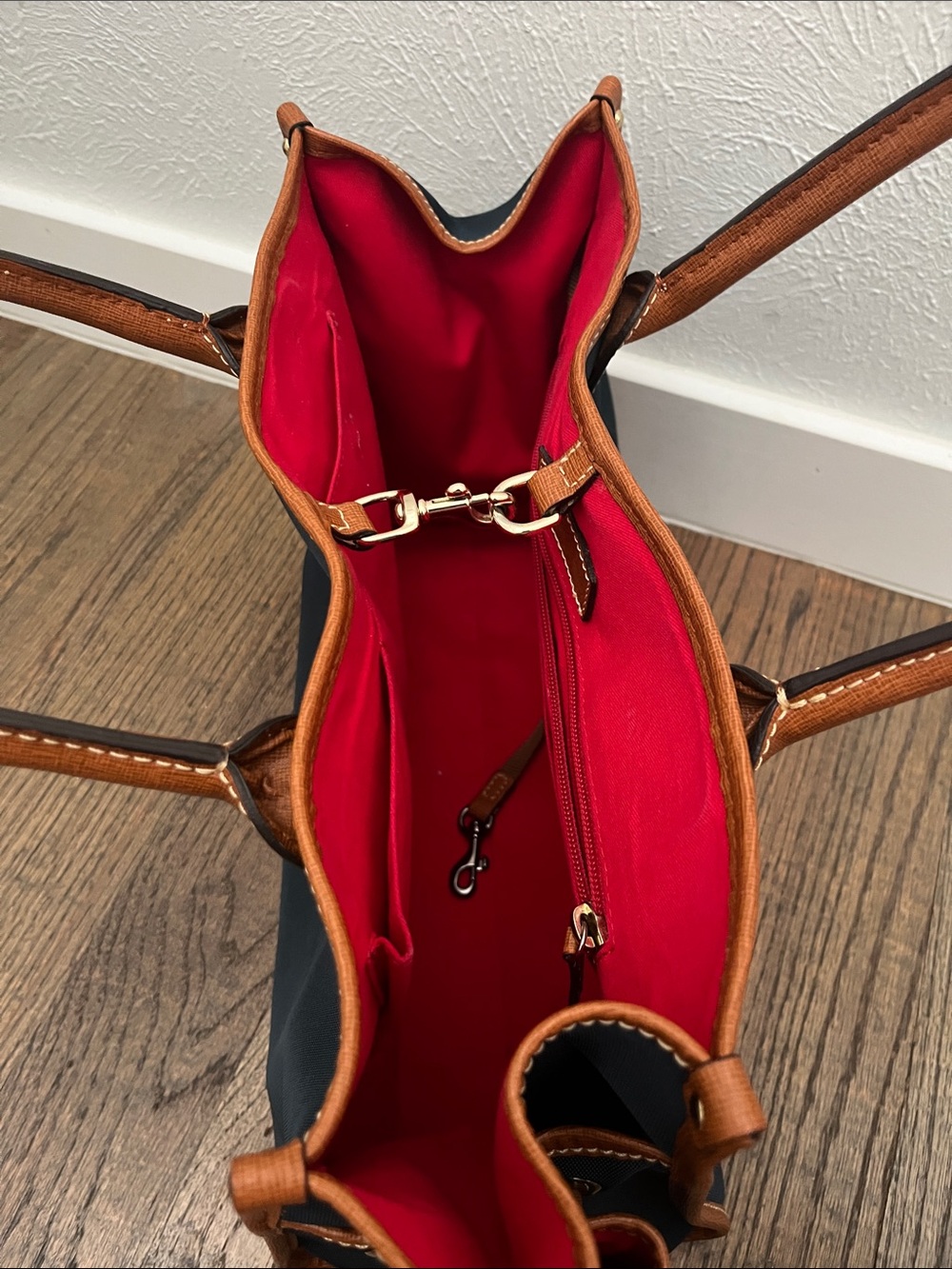 Dooney & Bourke Navy Tote with Tan Leather Trim and Red Interior - Picture 6 of 10